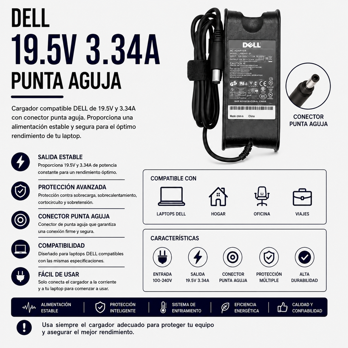 Cargador para Laptop Dell 19.5V 3.34A – Punta Aguja
