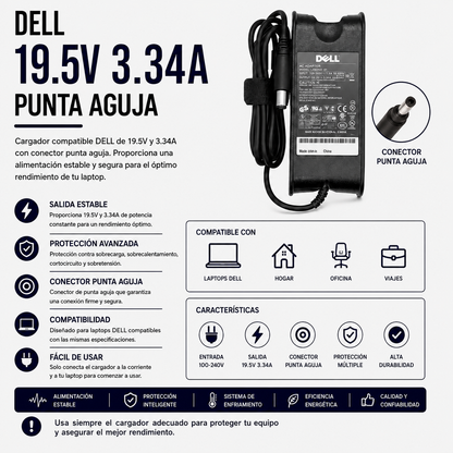 Cargador para Laptop Dell 19.5V 3.34A – Punta Aguja