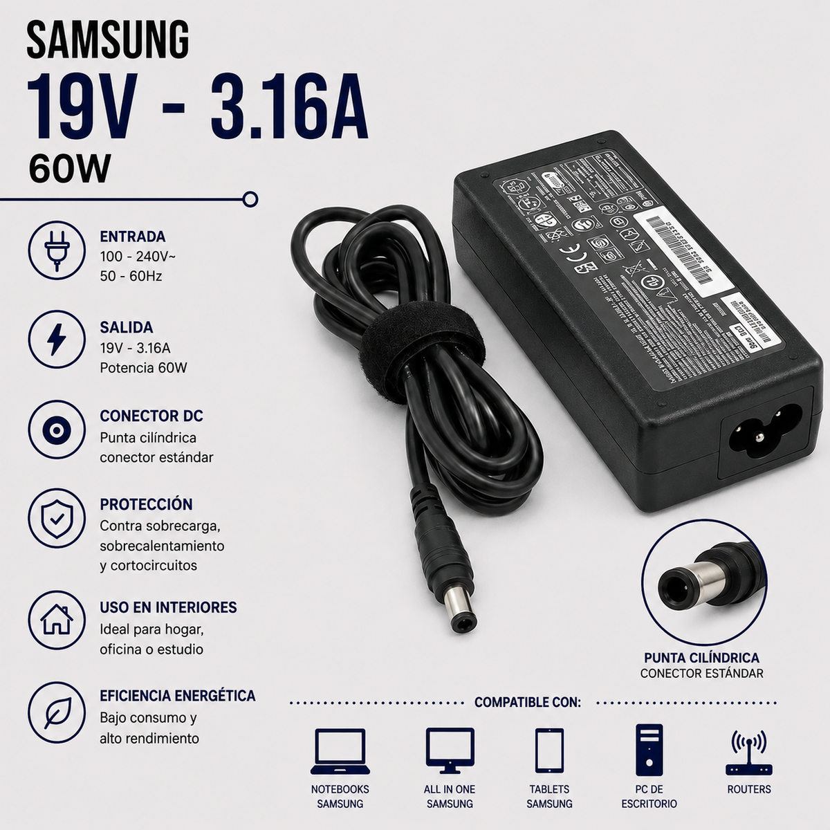 Cargador para Laptop Samsung 19V 3.16A – 60W
