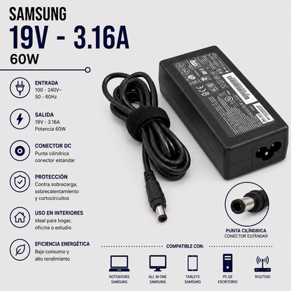 Cargador para Laptop Samsung 19V 3.16A – 60W