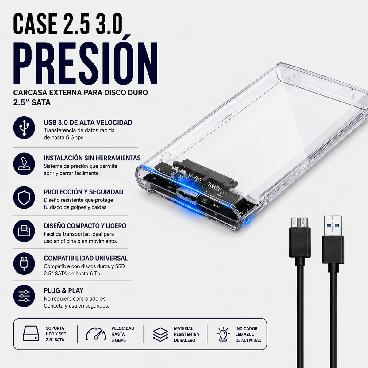 Case para Disco Duro Externo 2.5" USB 3.0 de Presión