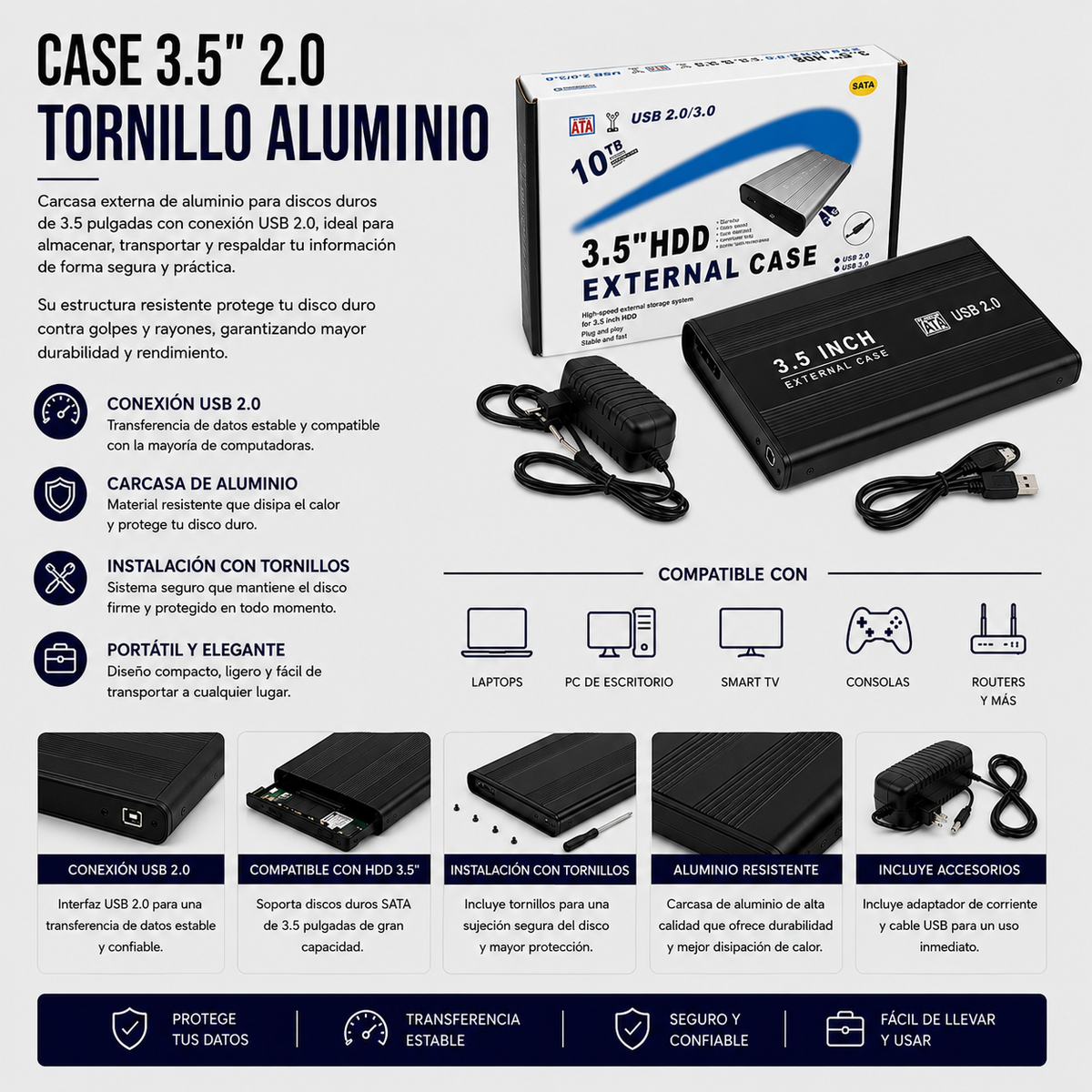 Case para Disco Duro Externo 3.5" USB 2.0 de Aluminio con Tornillos