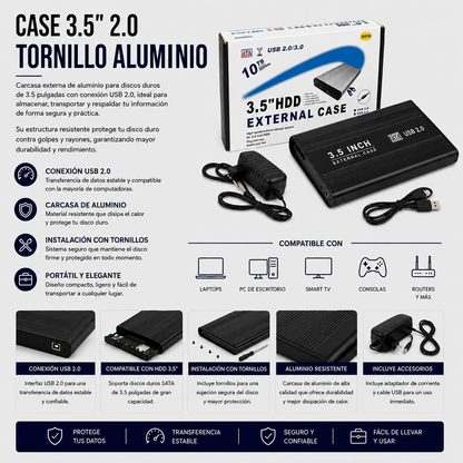 Case para Disco Duro Externo 3.5" USB 2.0 de Aluminio con Tornillos
