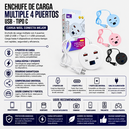 Enchufe de Carga Múltiple – 4 Puertos USB + USB Tipo-C