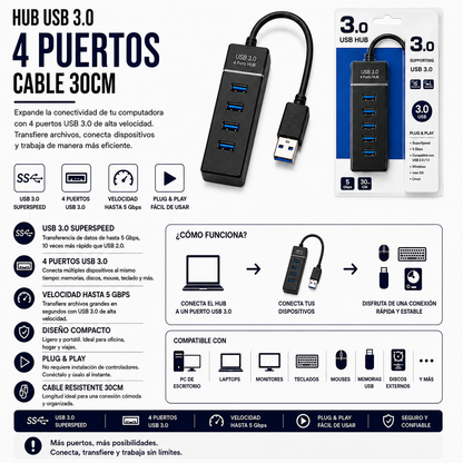 Hub USB 3.0 de 4 Puertos – Cable de 30 cm