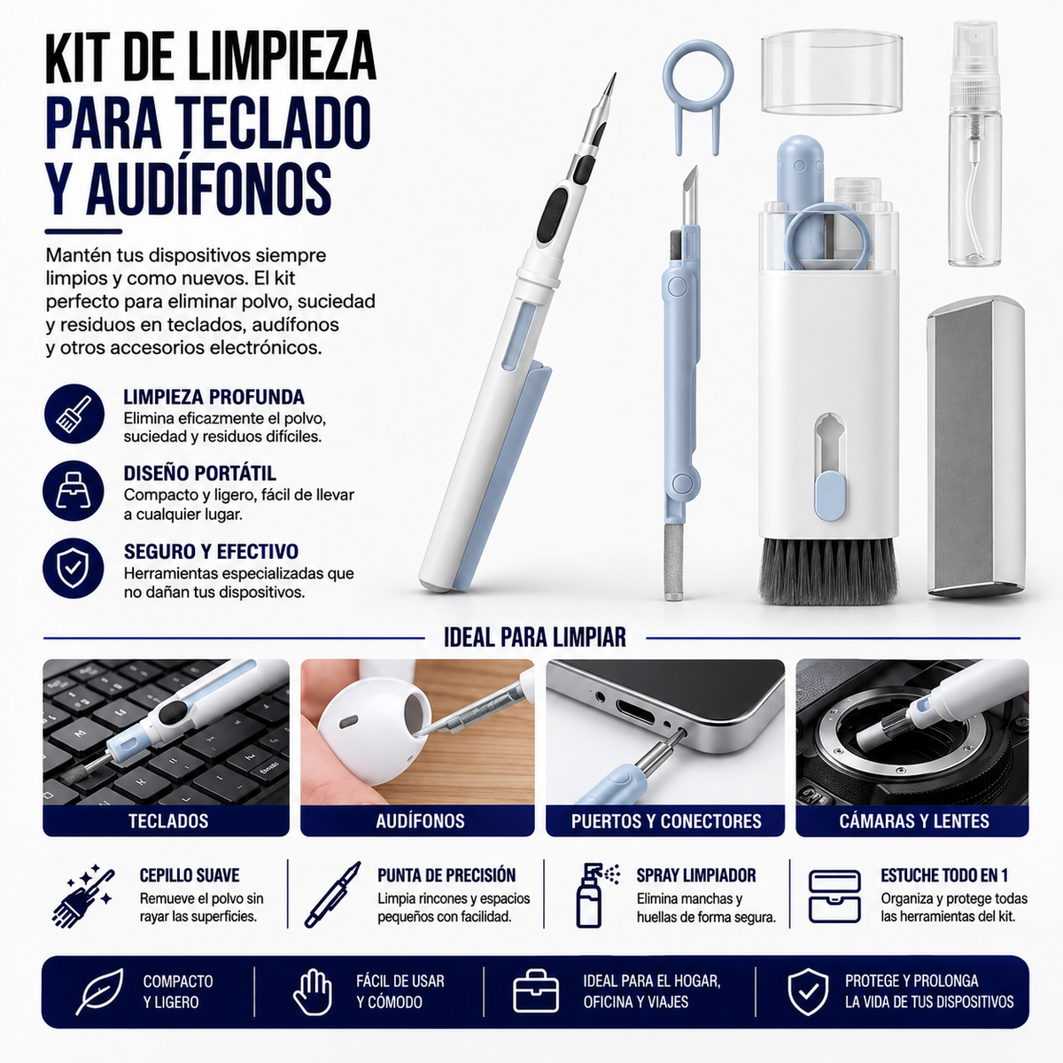 Kit de Limpieza para Teclado y Audífonos – Multifunción