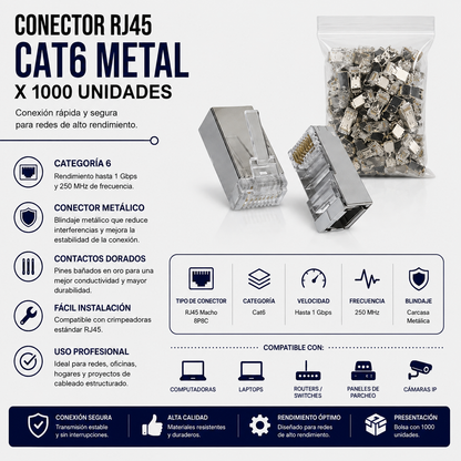 Conector RJ45 CAT6 Metálico – Bolsa x 1000 Unidades