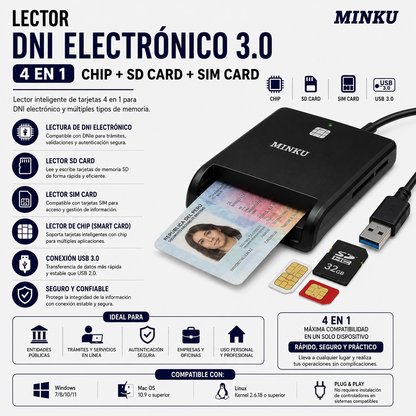 LECTOR DNI ELECTRONICO 3.0 4 EN 1 CHIP +SD CARD+SIM CARD