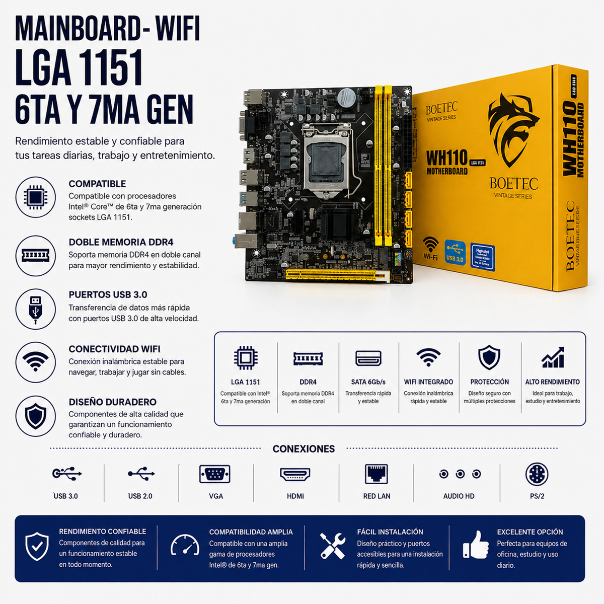 Mainboard Boetec WH110 WiFi – Socket LGA 1151 (Compatible con Intel® 6.ª y 7.ª Generación)