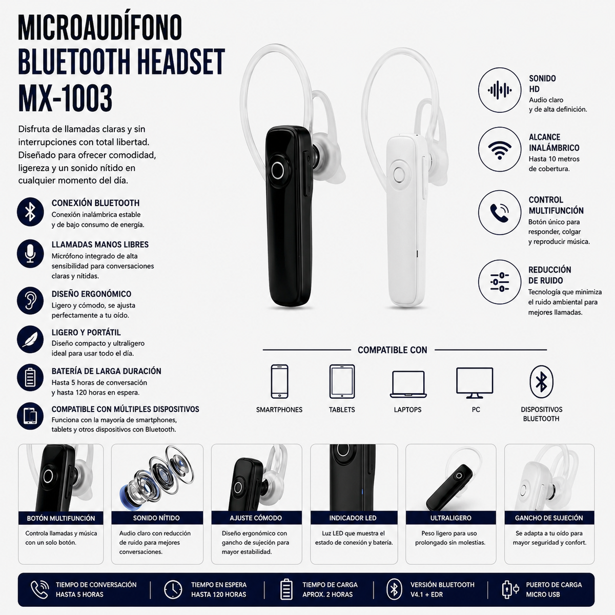 Microaudífono Bluetooth Headset MX-1003
