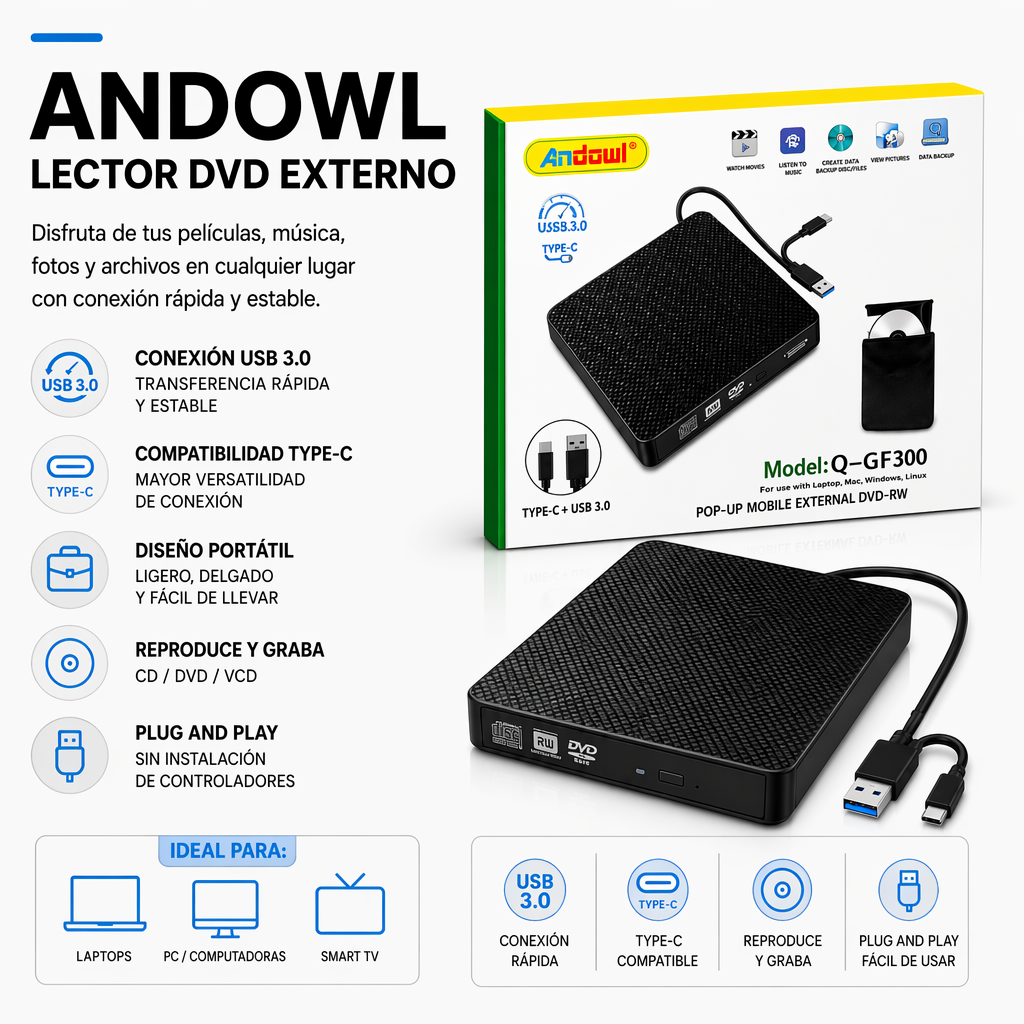 LECTORA DE DVD-RW EXTERNO MOD: Q-GF300 USB 3.0 + TYPE- C