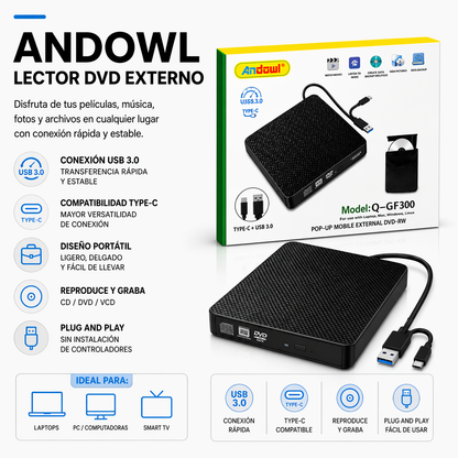 LECTORA DE DVD-RW EXTERNO MOD: Q-GF300 USB 3.0 + TYPE- C
