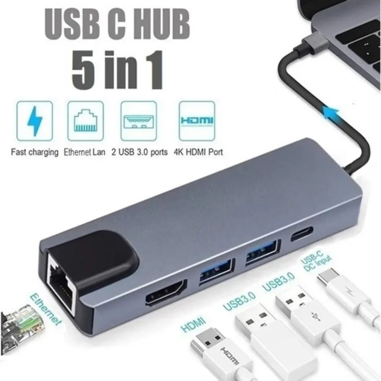 Adaptador tipo C A HDMI + 2 USB + RJ45 (5 EN 1)