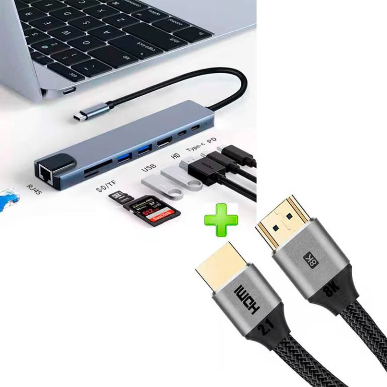 Adaptador tipo C A HDMI + 2 USB + MICRO SD, TF+ RJ45 + tipo C X2 (8 EN 1)